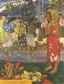 Ia Orana Maria.jpg - Ia Orana Maria (Vi saluto Maria) è un dipinto ad olio su tela di cm 114 x 89 realizzato nel 1891 dal pittore francese Paul Gauguin. Gauguin scrive: "Ho fatto una tela con un angelo dalle ali gialle che indica due donne tahitiane, vestite con un pareo, tessuto a fiori che si allaccia come si vuole alla cintura. Sullo sfondo montagne in ombra ed alberi fioriti. Un sentiero violetto ed in primo piano del verde smeraldo; a sinistra delle banane. Ne sono abbastanza soddisfatto" Il quadro ha una genesi piuttosto complicata. Si suppone che il pittore abbia ricoperto la prima versione con un fondo bianco e l'abbia rigirata di 90°. Un´analisi scientifica lo confermerebbe, dato che le pennellate piú leggere lasciano intravedere un fondo bianco, applicato su una composizione precedente e la pittura verde, in alto a destra, corrisponde alla zona d´erba dell´originario formato orizzontale. Il paesaggio ha colori lussureggianti, degni di un paradiso terrestre. Sullo sfondo ci sono delle capanne per il deposito delle barche, allineate su una rosea sabbia. Si scorgono inoltre un albero del pane, degli ibiscus, dei fiori bianchi del tiare moorea, noti per il loro profumo soave. Inoltre la natura morta esotica collocata su un piccolo altare in legno, sottolinea la varietá ed i colori della Polinesia. Gauguin ha probabilmente voluto unire in questo quadro l´iconografia non occidentale, ai simboli religiosi cattolici. Il fatto che una madre tahitiana non porti probabilmente un bambino sulle spalle, come la Vergine Maria, ha spinto i critici a ricercare le fonti interpretative. Spesso la tela é vista coma la rappresentazione dell´Annunciazione, nonostante la presenza del Bambin Gesú o come un´evocazione dell´Adorazione dei pastori.